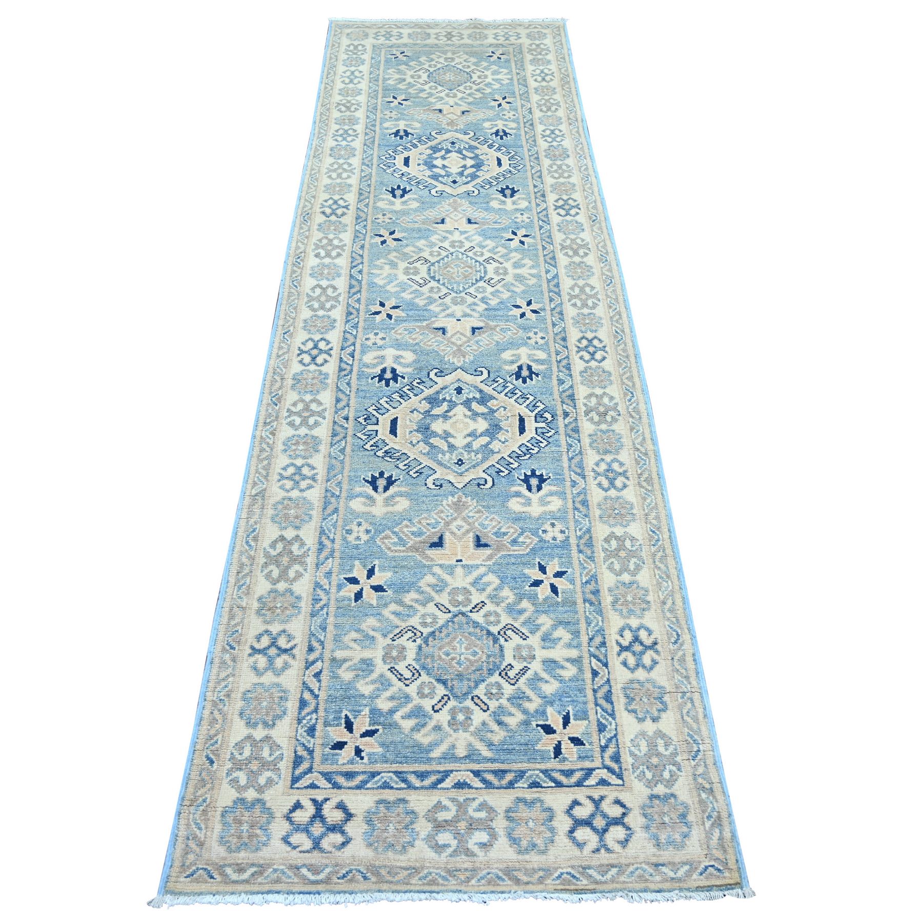 2'9"x9'7" Maya Blue, Vintage Look Kazak with Tribal Medallions, Hand Knotted, 100% Wool, Natural Dyes, Runner, Oriental Rug 